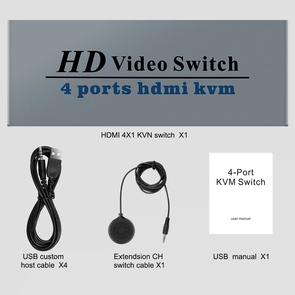 Conmutador KVM de 4 puertos, divisor de interruptor compatible con HDMI 4 en 1 salida para compartir Monitor, teclado, ratón, descriptografía adaptable EDID/HDCP