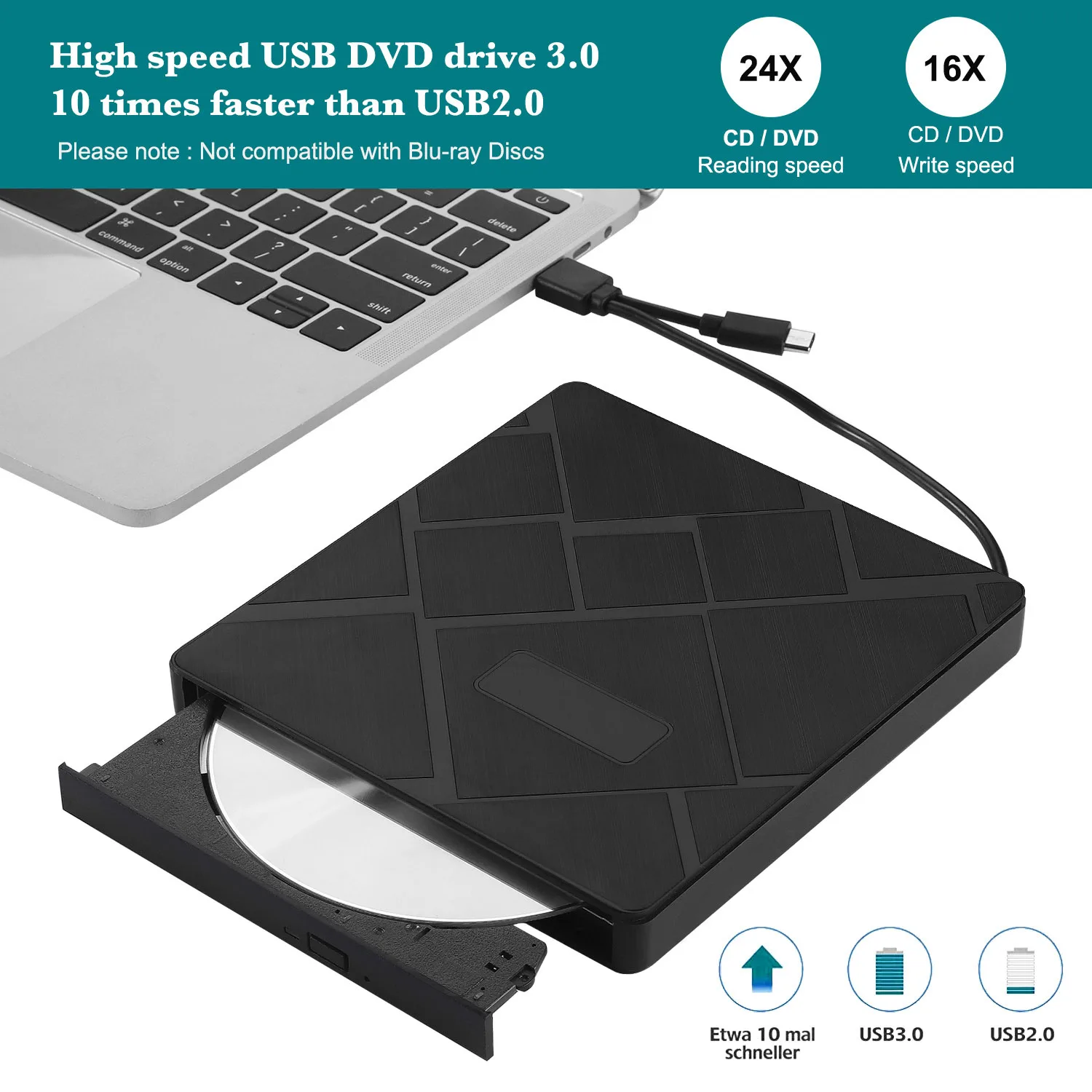 KuWFi-grabador de DVD usb 3,0 + tipo C, Unidad óptica externa RW, reproductor de CD/DVD, lector de tarjetas TF/SD para Mac, portátil, Windows y PC - imagen 4