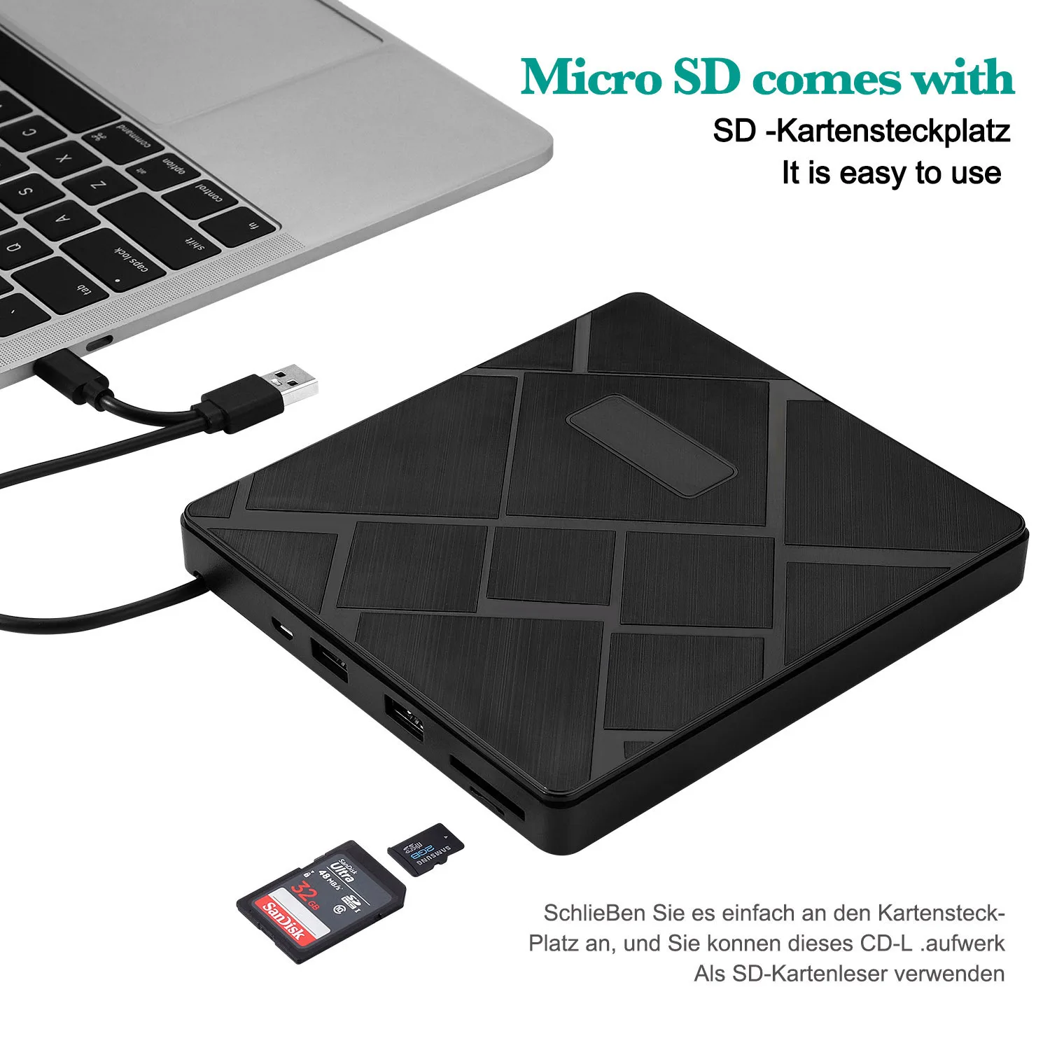 KuWFi-grabador de DVD usb 3,0 + tipo C, Unidad óptica externa RW, reproductor de CD/DVD, lector de tarjetas TF/SD para Mac, portátil, Windows y PC - imagen 5