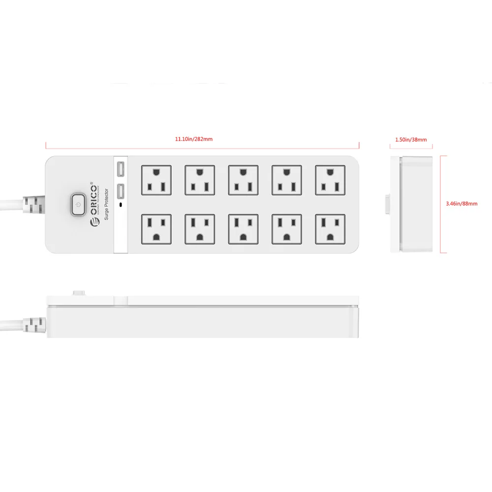 ORICO-regleta de alimentación para el hogar y la Oficina, Cable de extensión con 10 tomas de CA, 2 puertos USB, color blanco, EE. UU. - imagen 5