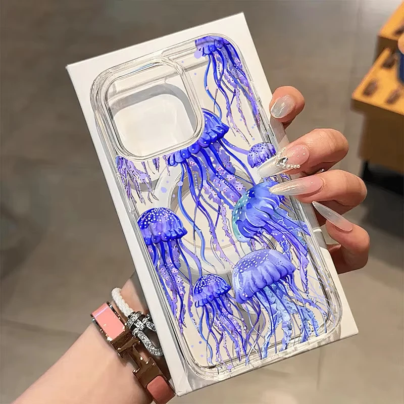 Funda transparente con carga inalámbrica MagSafe para Samsung Galaxy S25 S24 S23 S22 Ultra Plus S21 FE, bonita funda con patrón de peces y medusas - imagen 5