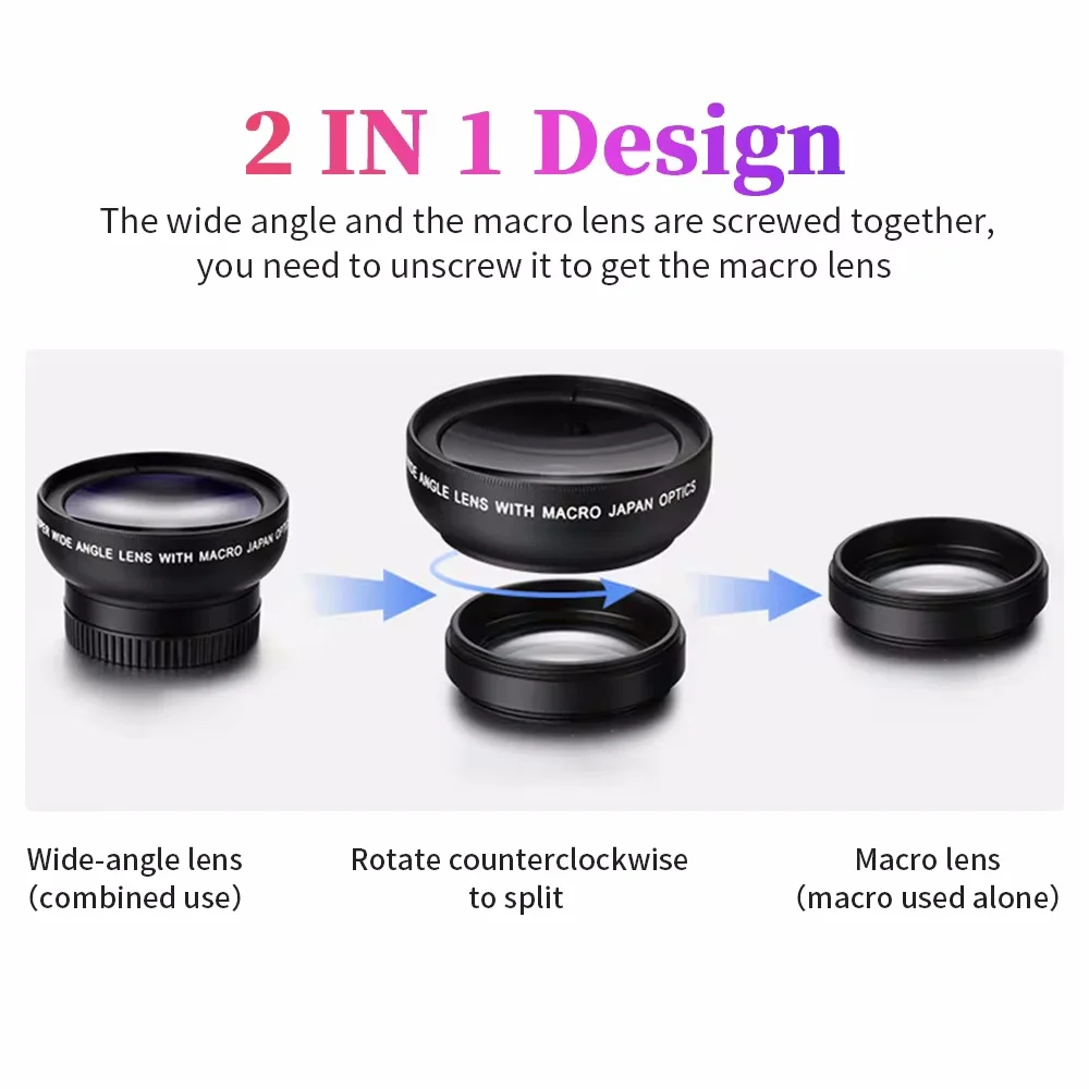 Universal 2 IN 1 Lens Clip 37mm Mobile Phone Lens Professional 0.45x 49uv Super Wide-Angle + Macro HD Lens for All Smartphones - imagen 2