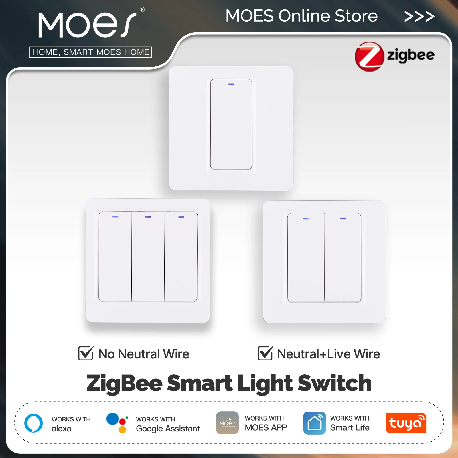 MOES-interruptor de luz inteligente ZigBee Tuya, cable neutro opcional, relé de enganche magnético, aplicación remota, Control, funciona con Alexa y Google Home