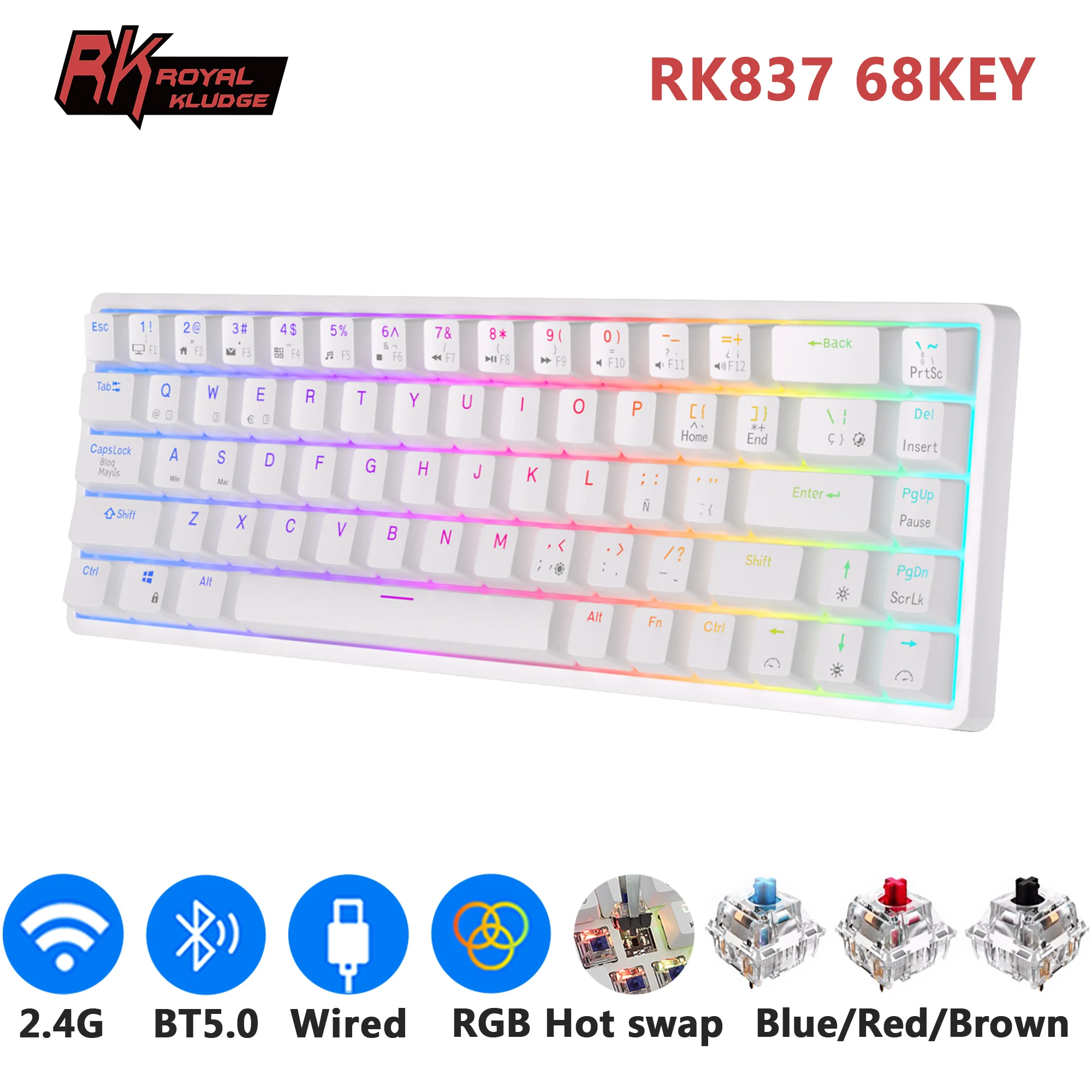 Teclado mecánico RK Royal Kludge RK837 en español, 68 teclas, retroiluminación RGB al 65 %, intercambiable en caliente, inalámbrico 2,4 GHz, Bluetooth para juegos - imagen 2