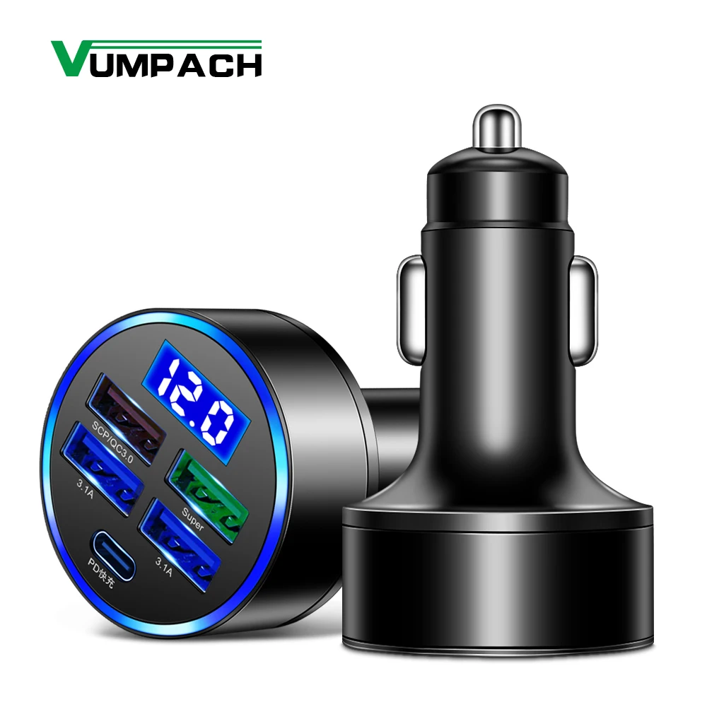 Cargador de coche LED de 250W, 5 puertos de carga rápida, PD, QC3.0, USB C, adaptador de teléfono tipo C para iphone, Samsung, Huawei, Xiaomi - imagen 2