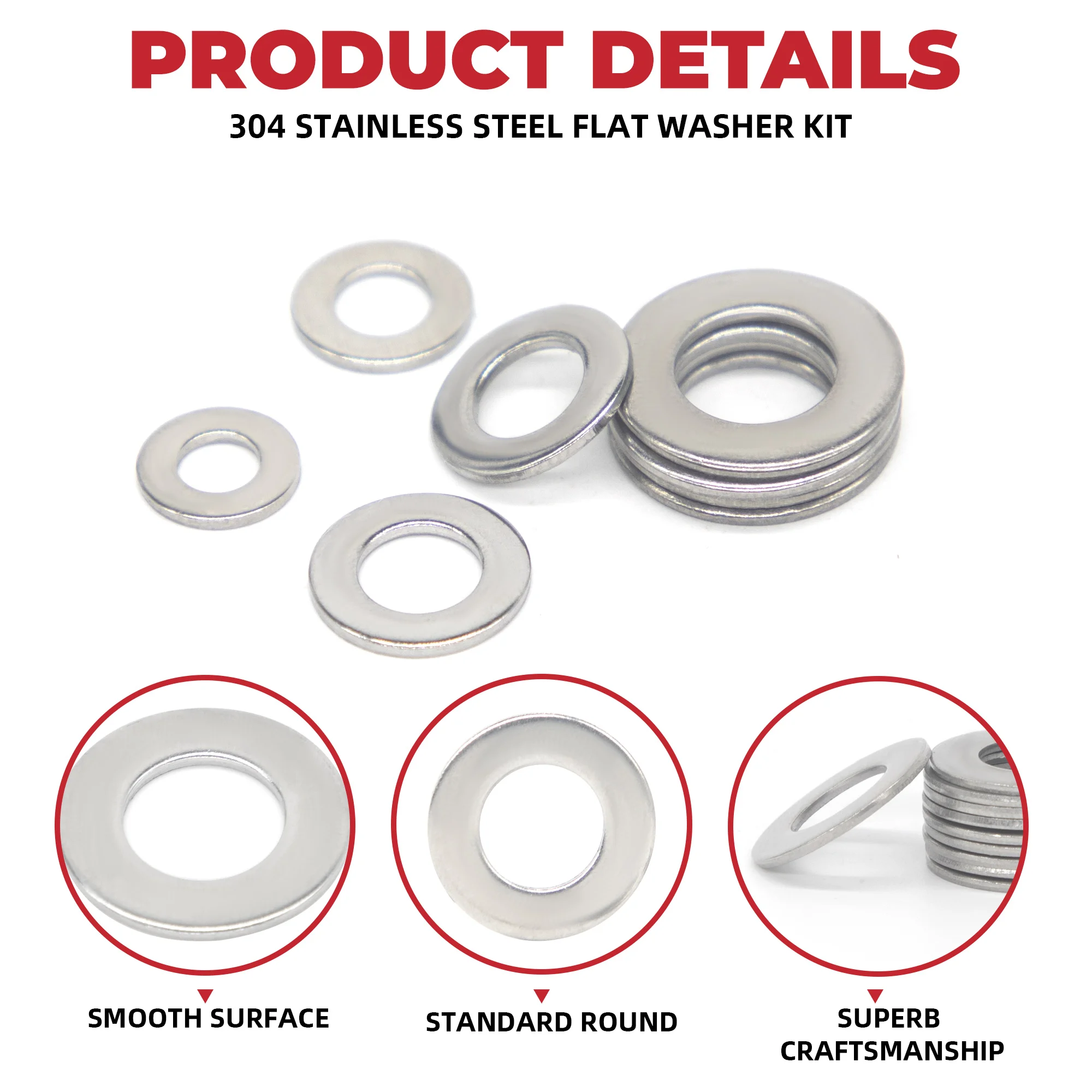 Kit de arandelas planas de acero inoxidable 304, 95 Uds., M4, M5, M6, M8, arandelas planas, anillos de junta plana, Hardware liso, arandelas de Metal - imagen 3