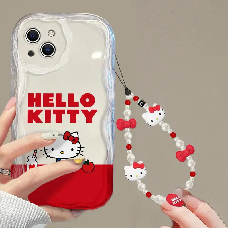 Y2K 3D onda lazos rojos Hello Kitty cadena Linda Funda para Samsung Galaxy S24 FE S23 S25 Ultra A56 A16 A55 A35 A34 A54 Funda