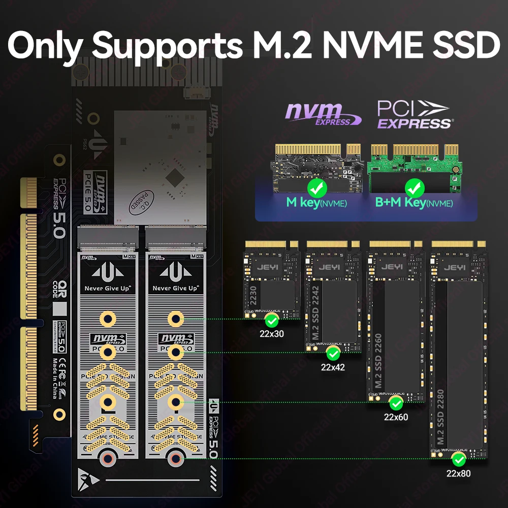 JEYI admite adaptador RAID PCIe 5,0 a Dual M.2 NVMe (256 Gbps) - Tarjeta compatible con ranura X8/X16 para SSD 2280/2260/2242/2230 - imagen 4
