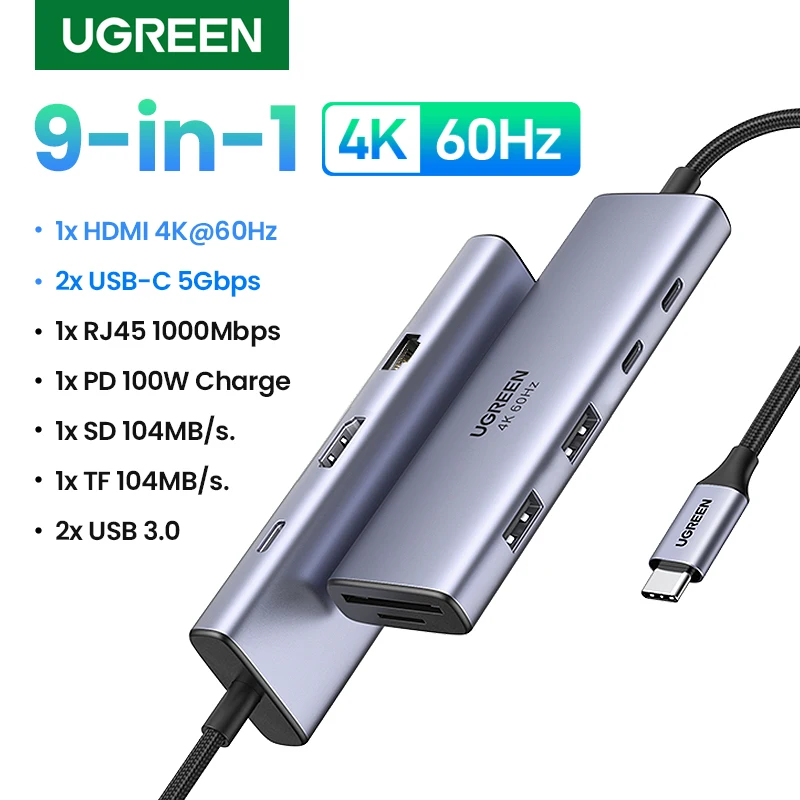 UGREEN 4K60Hz USB C HUB 9 en 1 tipo C a HDMI PD100W 2 puertos USB-A y C RJ45 SD y TF para Macbook Pro portátil USB3.0 divisor de acoplamiento