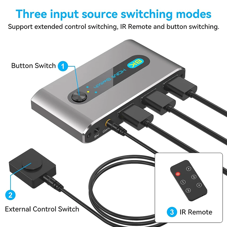 Interruptor remoto 8K HDMI, 4K, 120Hz, 3 en 1, salida HDMI 2,1, Selector divisor para HDR, UHD, VRR, ALLM, 2K, 144Hz, Dolby Vision para PS5, XBOX, TV - imagen 5