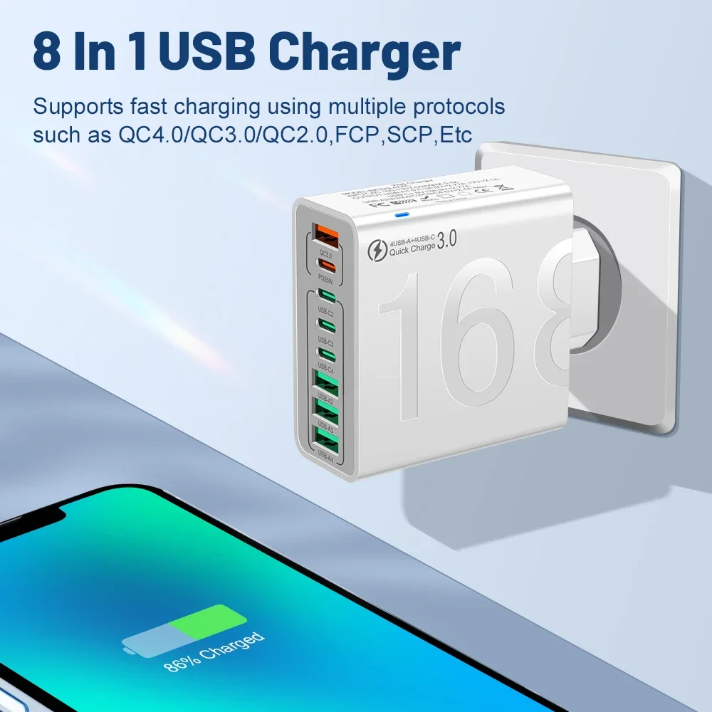 Cargador USB multipuerto de 150W tipo C, adaptador de cargador de teléfono de carga rápida para iPhone, Samsung, Xiaomi, cargador de pared de carga rápida 3,0 - imagen 5