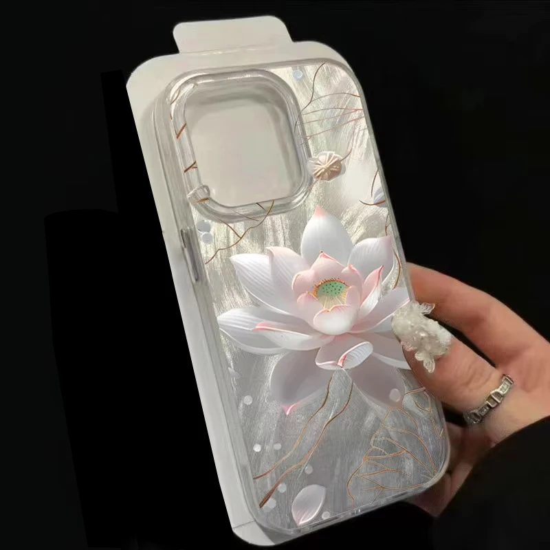 Funda de teléfono con flores estéticas de arte de loto rosa para iPhone 16 15 14 13 12 11 Pro Plus Max 16E XR XS 7 8 Plus 2025, funda dura brillante - imagen 3
