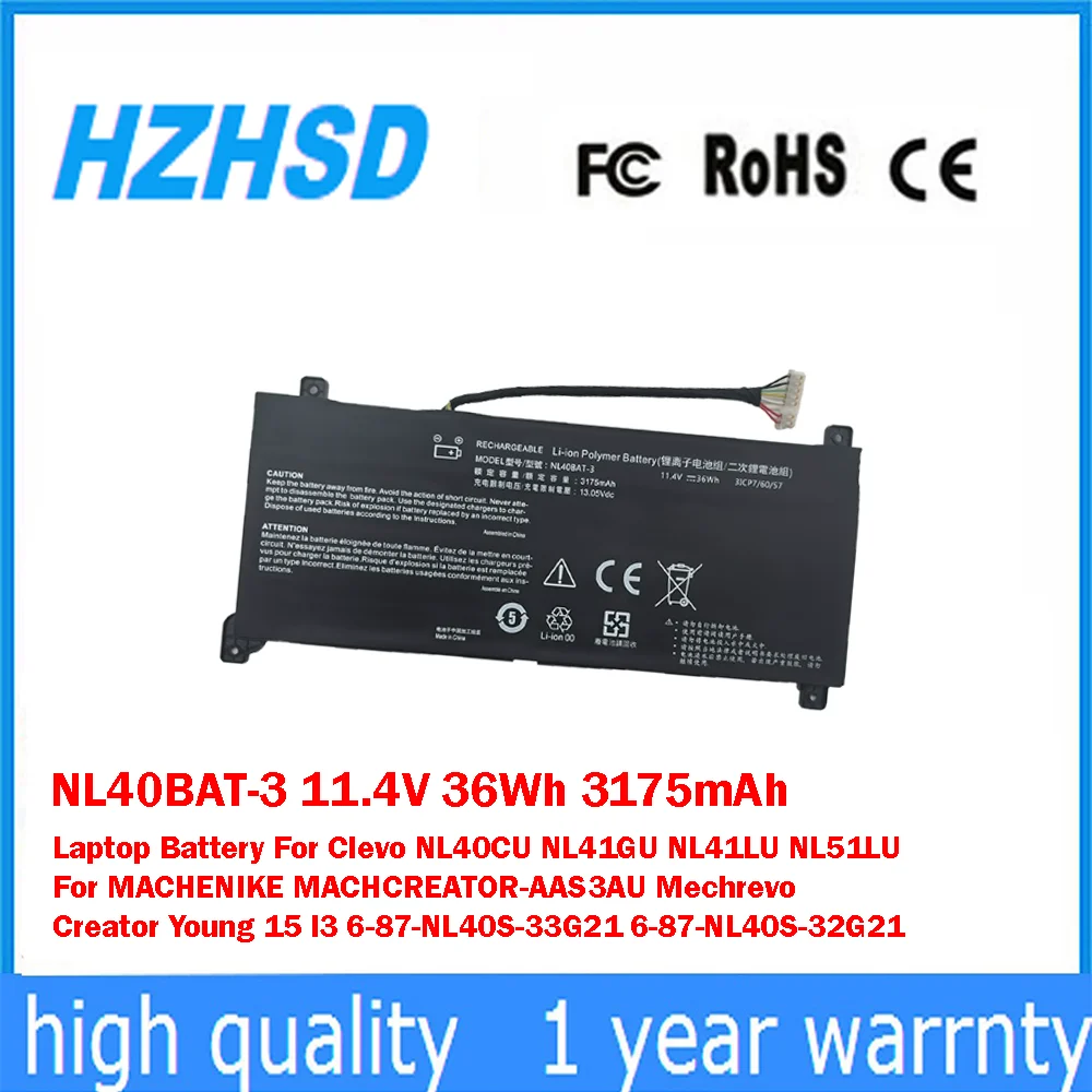 NL40BAT-3 11.4V 36Wh 3175mAh Laptop Battery For Clevo NL40CU NL41GU NL41LU NL51LU For MACHENIKE MACHCREATOR-AAS3AU Mechrevo