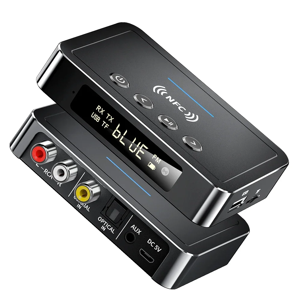 Transmisor receptor inalámbrico compatible con Bluetooth 5,0, adaptador NFC AUX 3,5 MM, Coaxial óptico TF/disco U, USB, FM, pantalla LED, micrófono HD - imagen 2