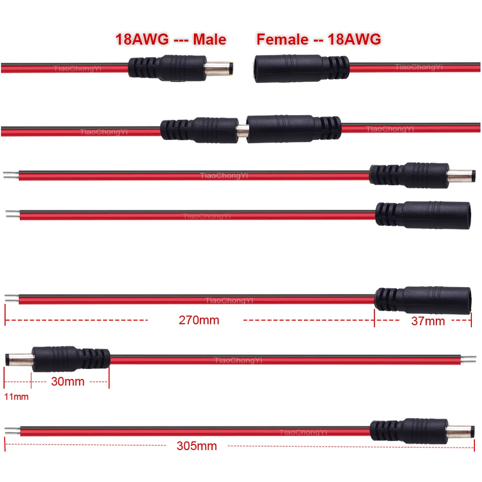 Cable de alimentación macho hembra 18 AWG 5A conector CC 30cm 2 pines 5-24V Cable adaptador de corriente 5,5x2,1mm 2,5mm enchufe para tira de LED de cámara de TV - imagen 3