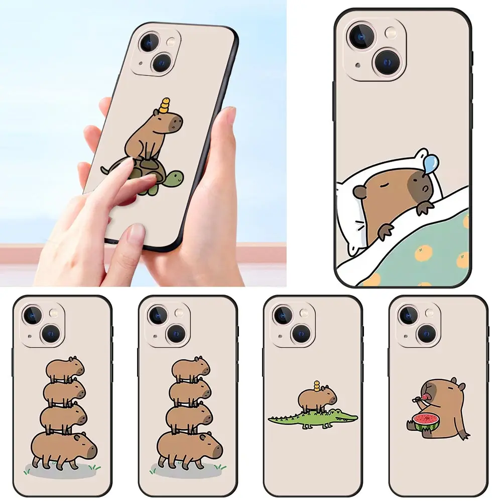 Bonita funda de teléfono de lujo Capybara para Apple iPhone 16 11 15 14 Pro MAX 12 13 7 8 Plus X XR XS SE funda negra de silicona