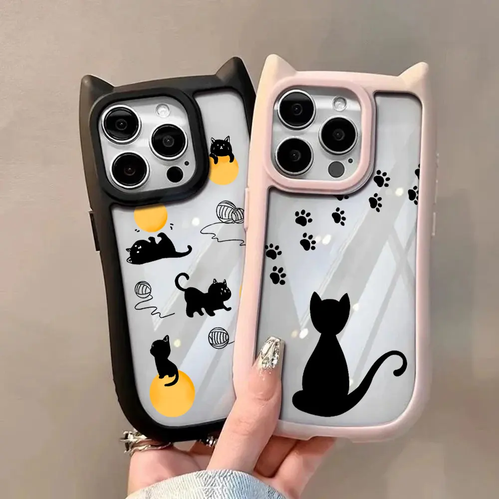 Funda de teléfono con orejas de gato negro para iPhone 16 15 14 13 12 11 Pro Max, parachoques de silicona suave acrílico duro transparente - imagen 2
