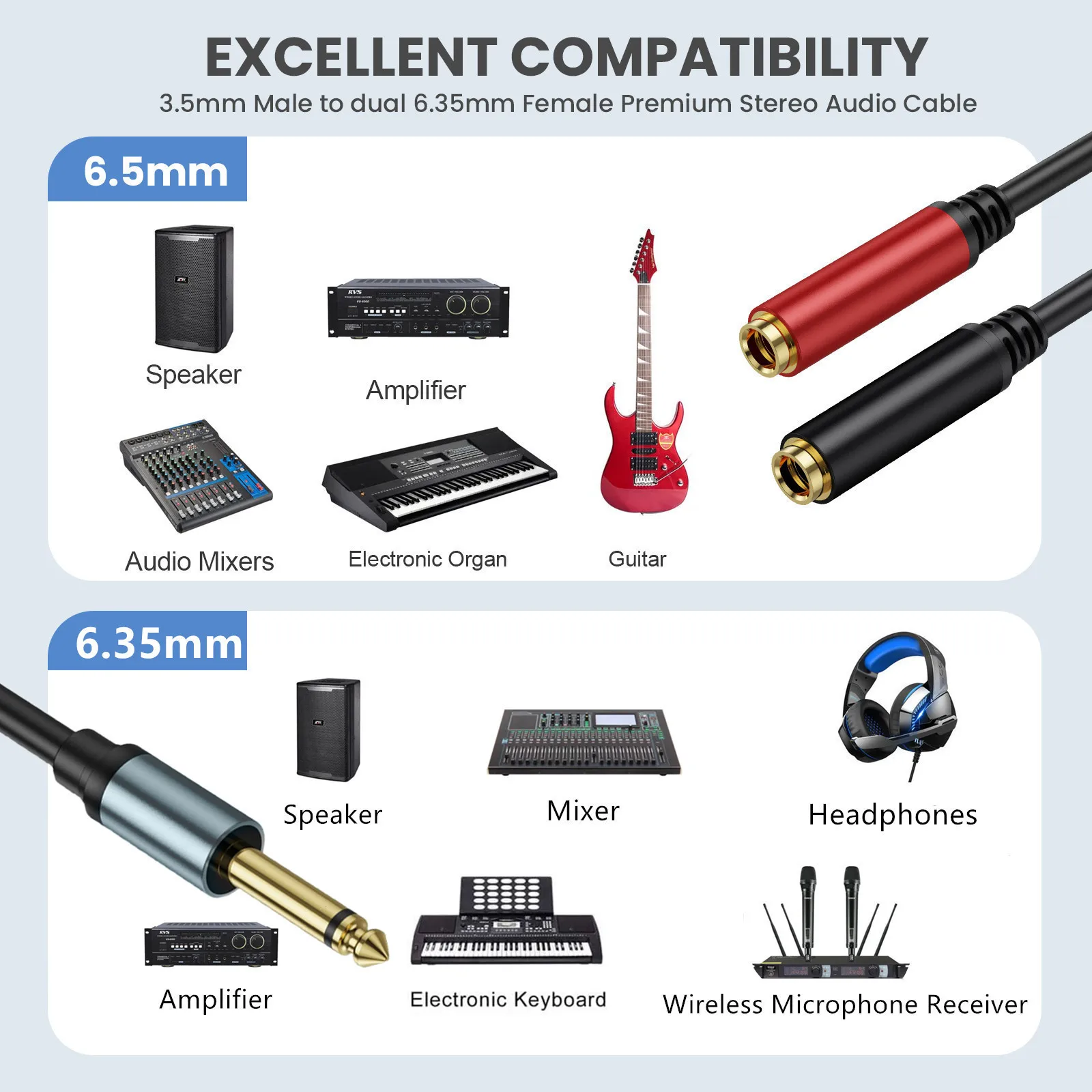 Cable Y divisor Mono TS de 1/4 pulgadas, enchufe macho Mono de 6,35mm a conector hembra Dual de 6,5mm, carcasa de aleación de aluminio chapada en oro - imagen 5