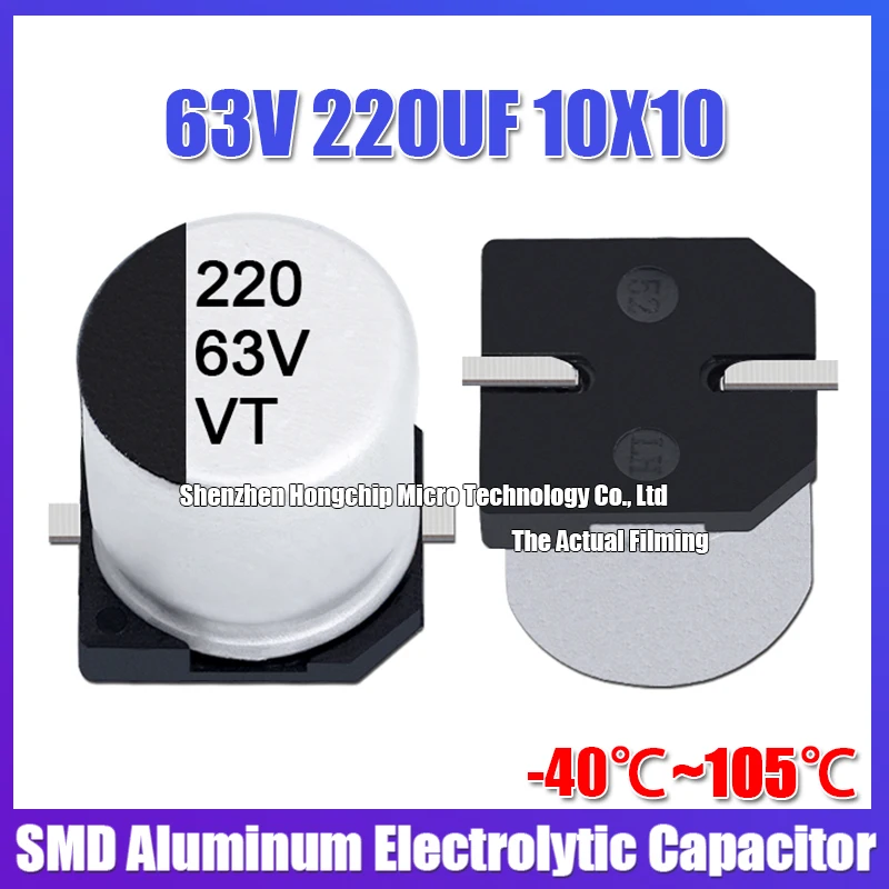 10 Uds 63V 220UF 10X10 SMD condensador electrolítico de aluminio SMD-2 63v220uf 10*10mm condensador-40 ℃ ~105 ℃   ±20% - imagen 2