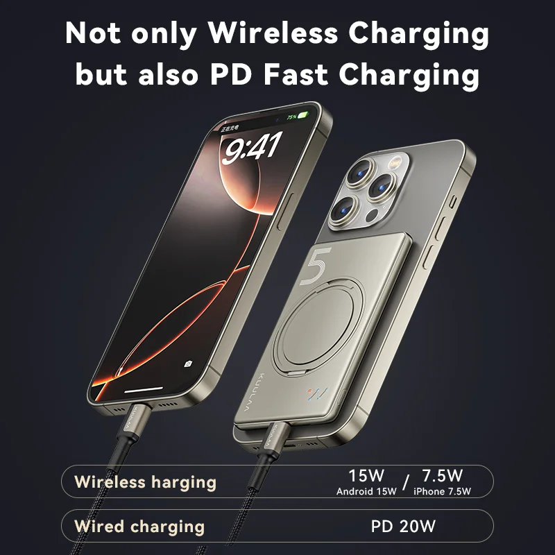 KUULAA Magsafe Power Bank 5000mAh batería magnética con soporte batería externa carga rápida para iPhone 16 15 14 13 PowerBank - imagen 3