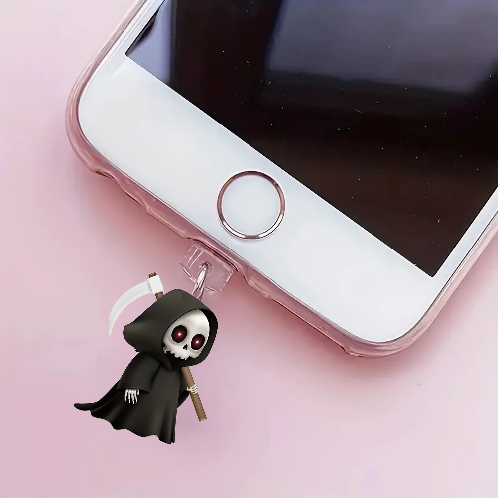 2 uds 2D dibujos animados regalo de Halloween Reaper tapón antipolvo acrílico adecuado para iPhone tipo C Android AirPods decoración de puerto de carga - imagen 3