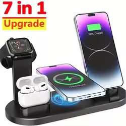 Cargador inalámbrico 7 en 1, estación de carga rápida para iPhone 15, 14, 13, 12, 11, X, Apple Watch, Airpods, teléfono de escritorio