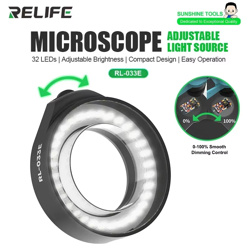 RELIFE RL-033E luz LED para microscopio, lámpara redonda ajustable para reparación de BGA de teléfono para la mayoría de los microscopios estéreo, herramientas de fuente de luz
