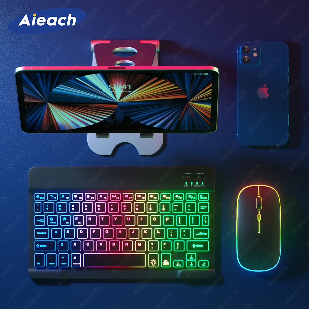 Teclado para teléfono Android iOS Windows Tablet teclado inalámbrico con ratón teclado retroiluminado Bluetooth para iPhone Samsung Xiaomi Redmi