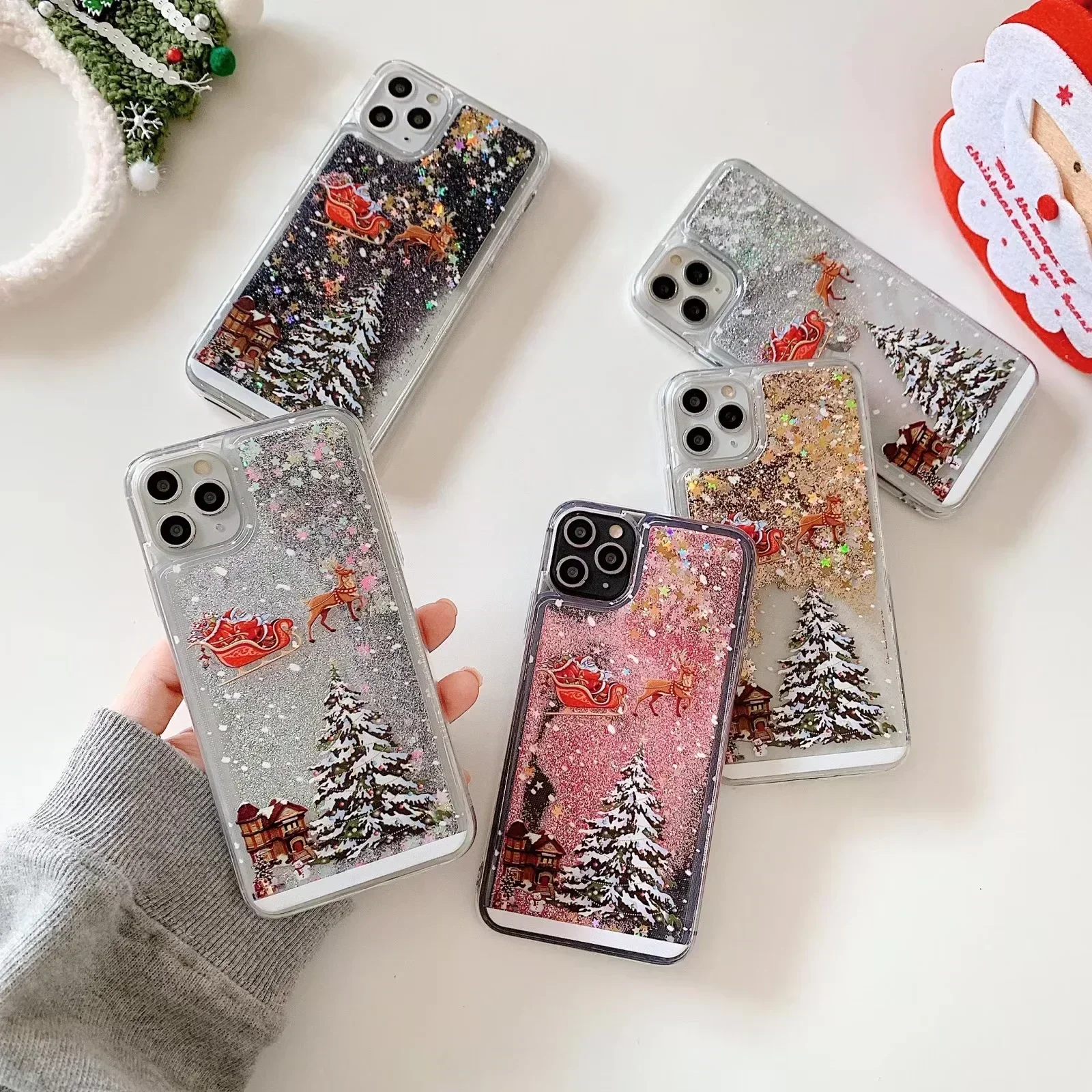 Funda de teléfono con árbol de Navidad para iPhone16, 15, 14, 13, 12, 11 Pro Max X XS XR 7 8 Plus, cubierta de silicona a prueba de golpes con purpurina y arena movediza líquida - imagen 2