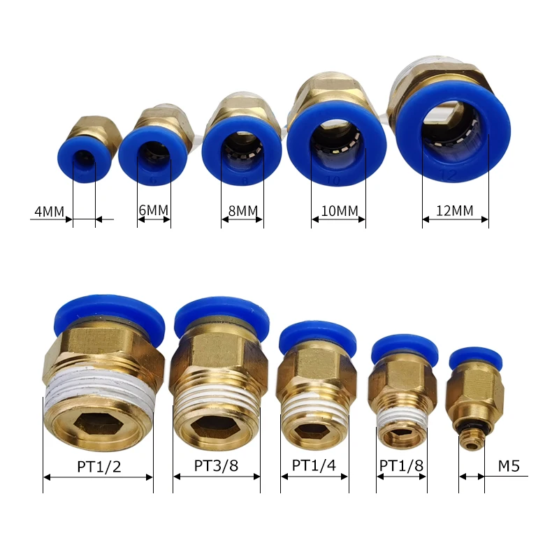 100 Uds PC conector de aire neumático 12mm 10mm 8mm 6mm 4mm manguera rosca macho BSP 1/4 "1/2" 1/8 "3/8" casquillo de aire latón acoplamiento rápido - imagen 2