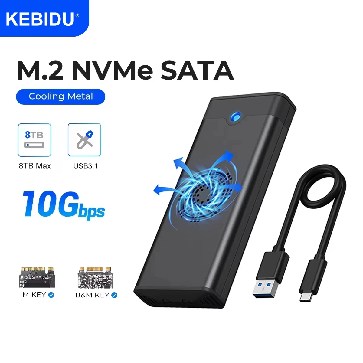 Caja SSD M.2 NVME SATA de 10Gbps con ventilador de refrigeración incorporado carcasa SSD tipo C adaptador NVME NGFF SSD compatible con M.2 2242 2260 2280