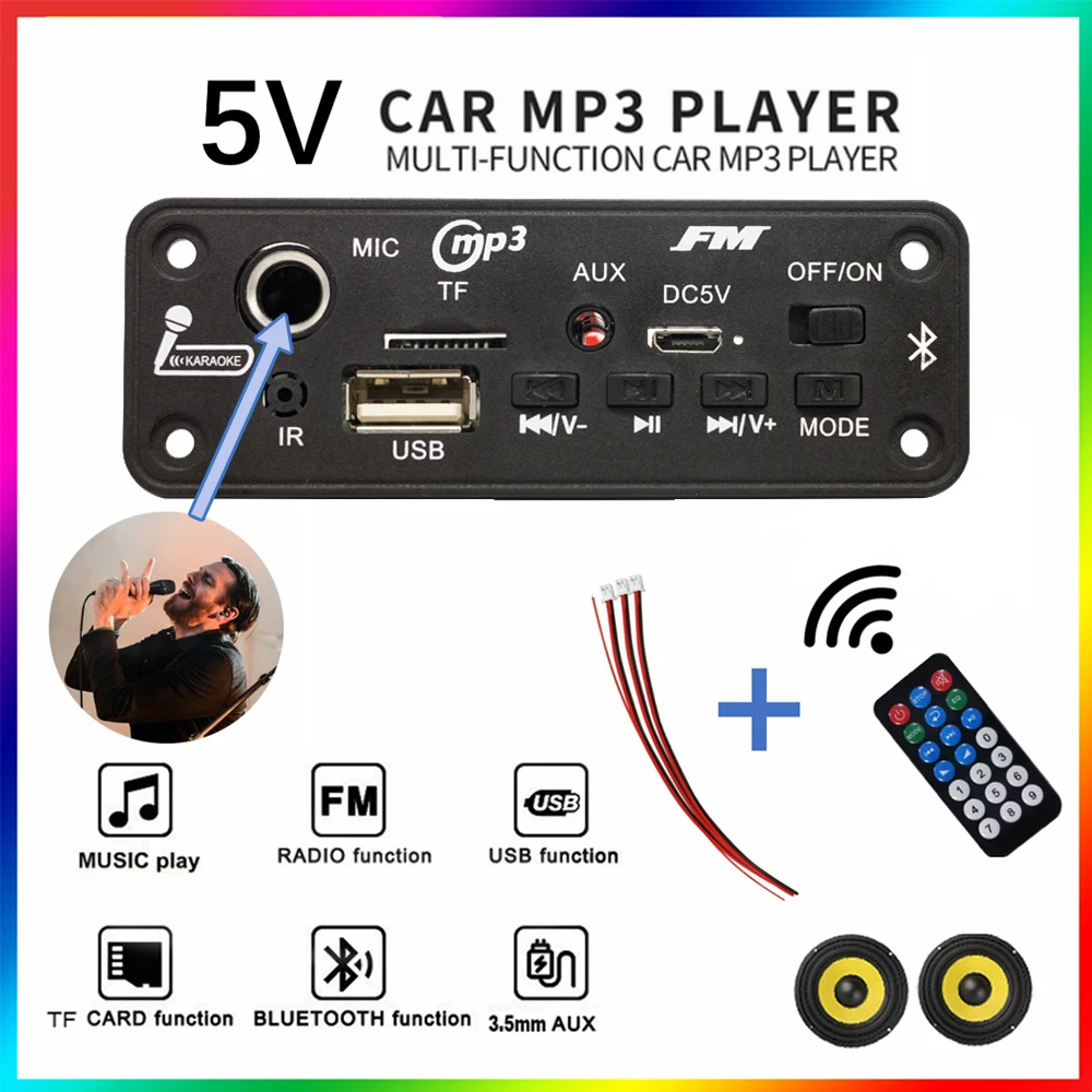 Placa decodificadora de MP3 con Bluetooth, amplificador de 6W, reproductor de música manos libres, módulo de Radio FM para coche, TF, USB, micrófono de 3,5mm, CC de 5V