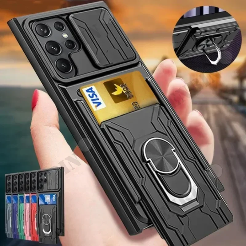 Funda para Samsung S24 S23 S22 Ultra Plus S21 FE A55 A25 A15 A54 A14 soporte deslizante anillo cámara cubierta con ranura para tarjeta de grado militar - imagen 2