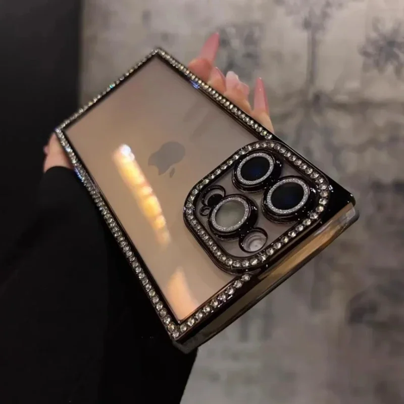 Nueva funda transparente de diamante brillante a la moda para iPhone 16 15 14 13 Pro Max 16 cubierta de parachoques de silicona suave con revestimiento cuadrado de lujo