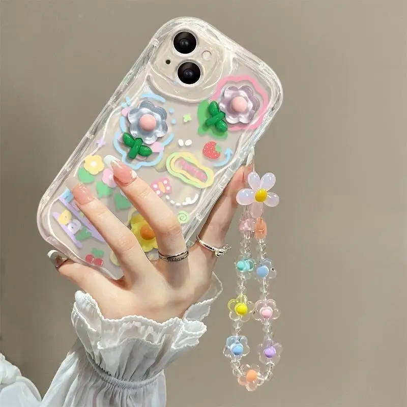 Funda con cadena de muñeca y flores para OPPO, cubierta bonita para pulsera, Reno 11, 5G, 11F, 8, 11, 12 Pro, 12F, 8T, A58, A78, A79, A98, 5G, Reno 7, 4G, 5, 6 Lite, A38 - imagen 3