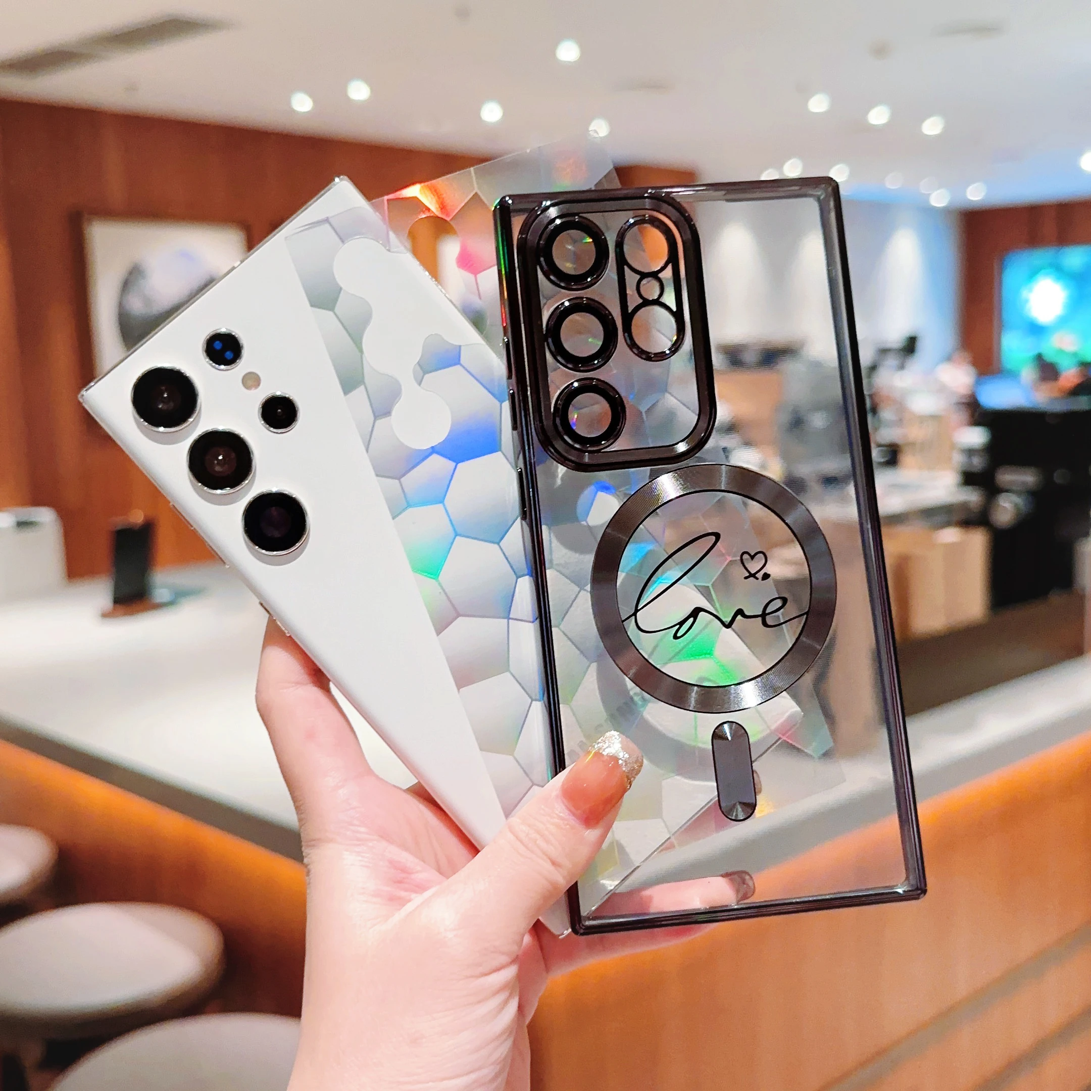 Funda magnética Magsafe transparente de lujo para Samsung Galaxy S23, S22 Ultra Plus, S21, lente geométrica holográfica, protección de parachoques suave - imagen 5