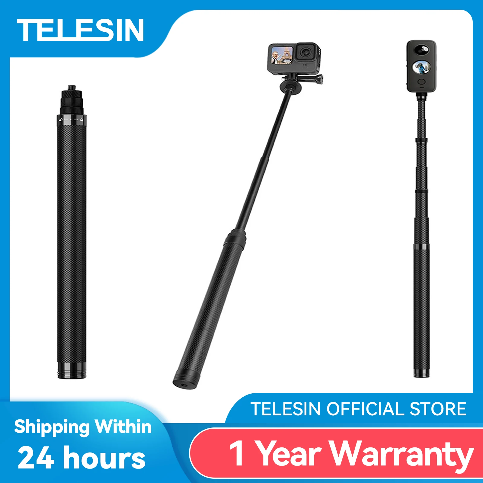 TELESIN-Palo de Selfie de fibra de carbono, monopié extensible con tornillo 116 para Cámara de Acción GoPro Hero Insta360 Osmo, 1/4 cm - imagen 2