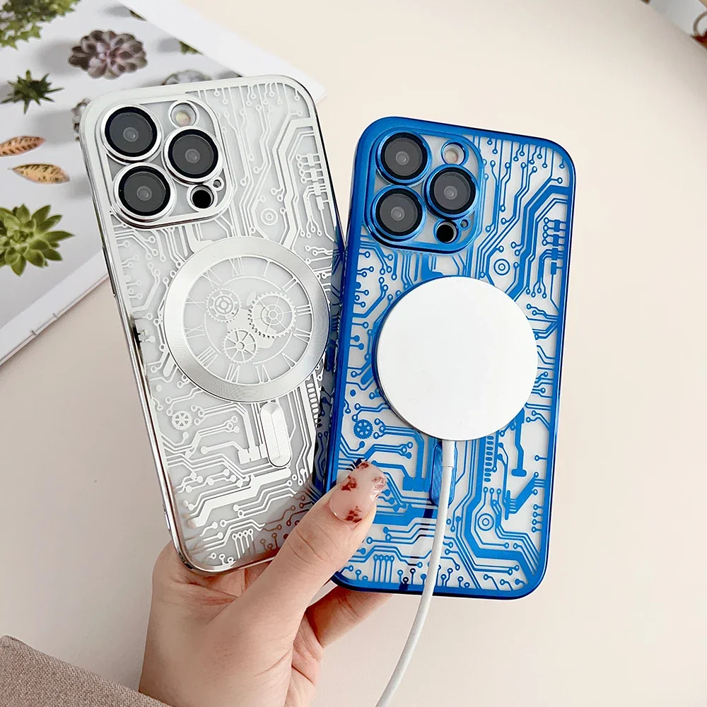 Funda magnética para iPhone 16, 15, 14, 13, 12, 11 Pro Max Plus, cubierta chapada en diagrama de circuito, carcasa transparente suave para Magsafe Funda - imagen 3