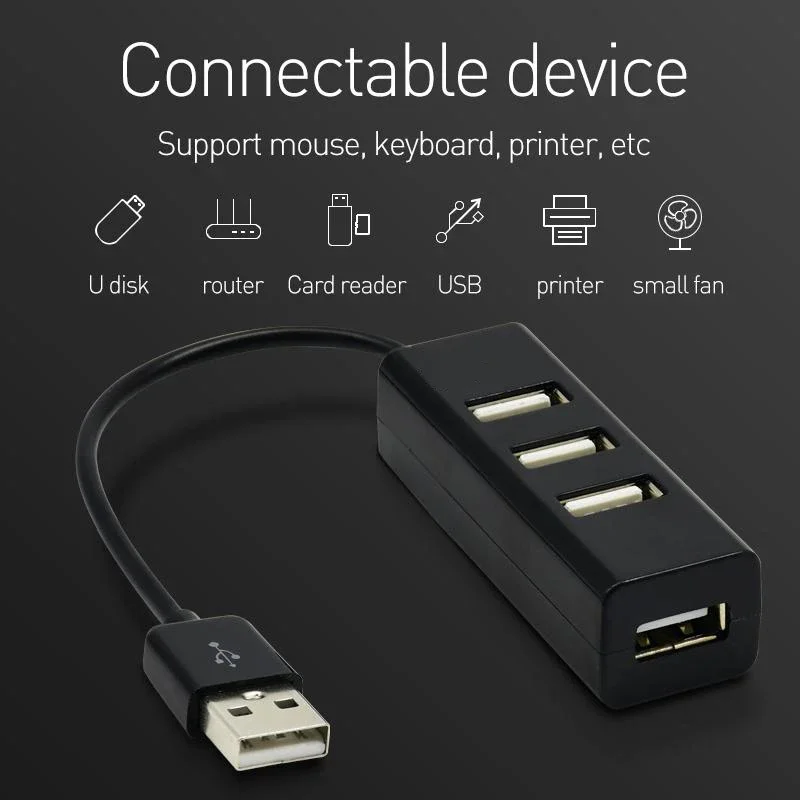 Mini adaptador de concentrador USB 2,0 de 4 puertos, concentrador de puertos USB de alta velocidad, negro, para PC, Accesorios de ordenador - imagen 2