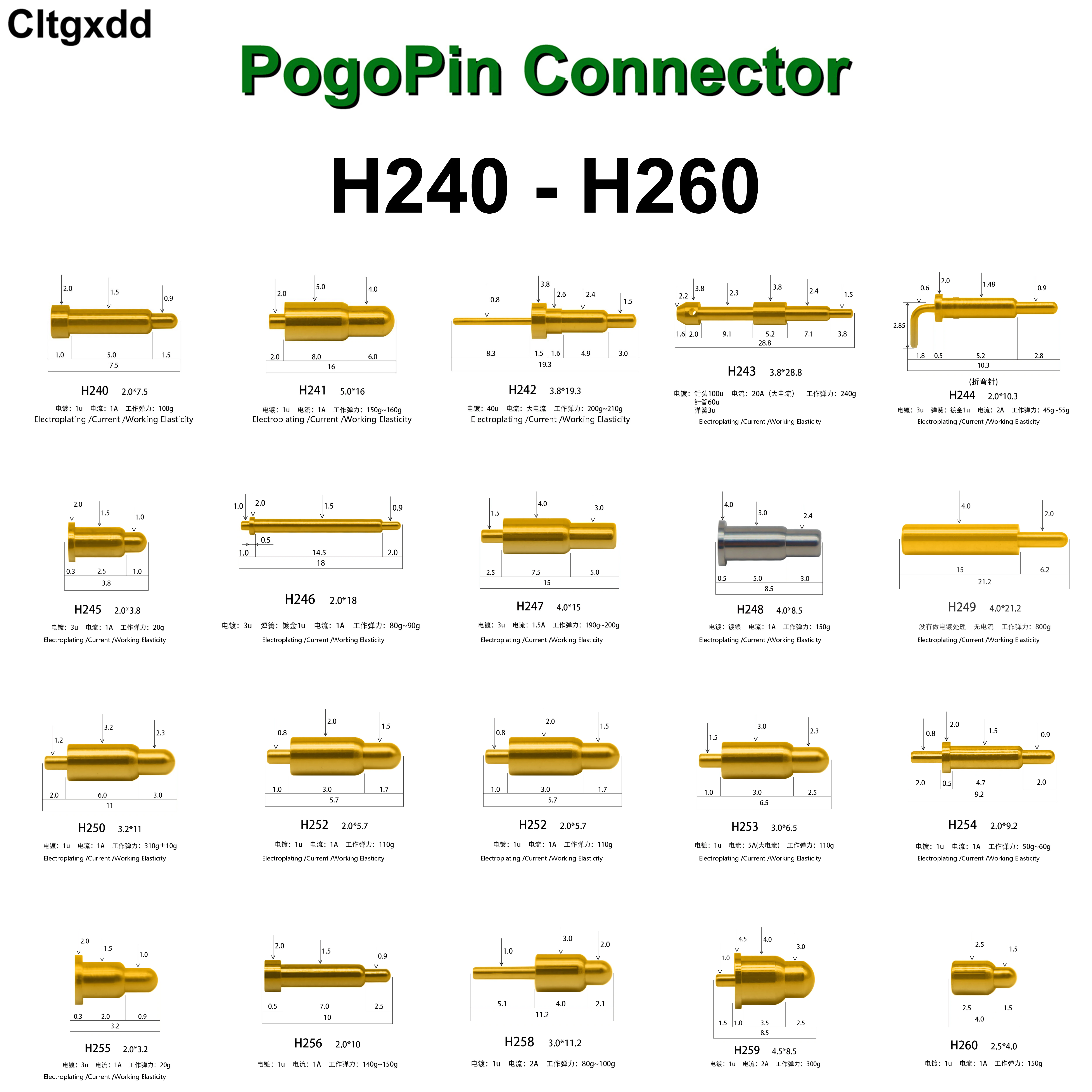 5 uds H240-H260 1A 2A 20A 1.5A conector Pogo Pin batería Pogopin contacto con resorte aguja SMD sonda de prueba PCB 2,0 5,0 3,8 3,2