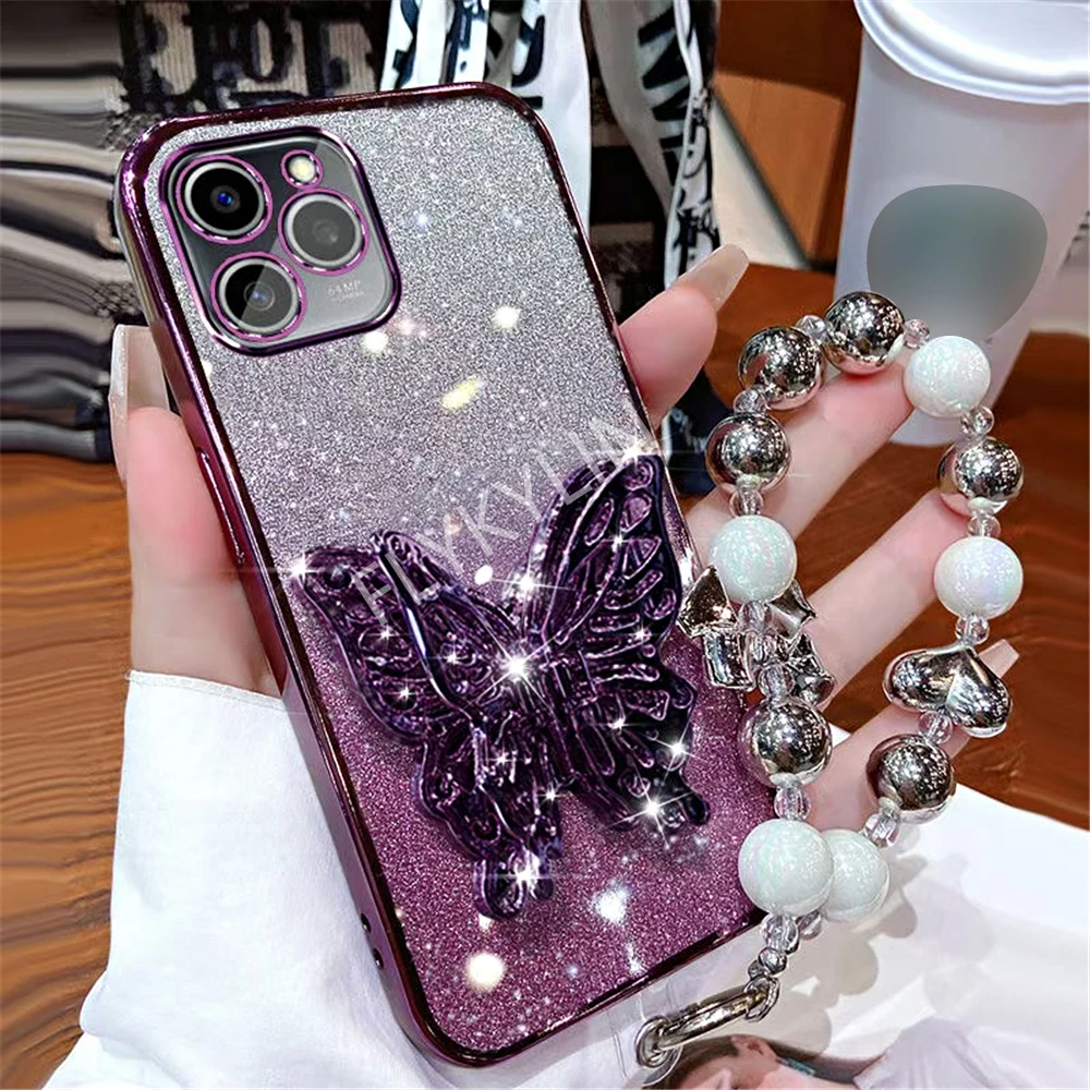 Soporte de teléfono con mariposa 3D, pulsera de cuentas, funda chapada con purpurina para iPhone 16 15 13 12 11 14 Pro Max XS Max XR 7 8 Plus
