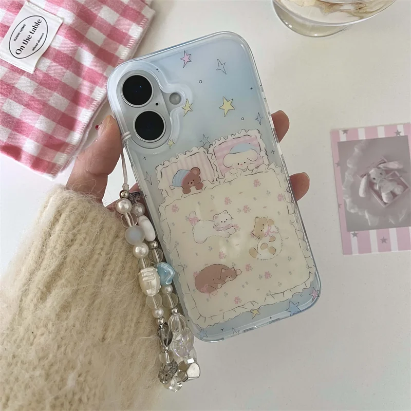 Funda de teléfono con cadena para muñeca, cachorros y gatitos de dibujos animados coreanos para iPhone 17 16 15 14 11 12 13 Pro Max 16E 17Air 7 8 Plus