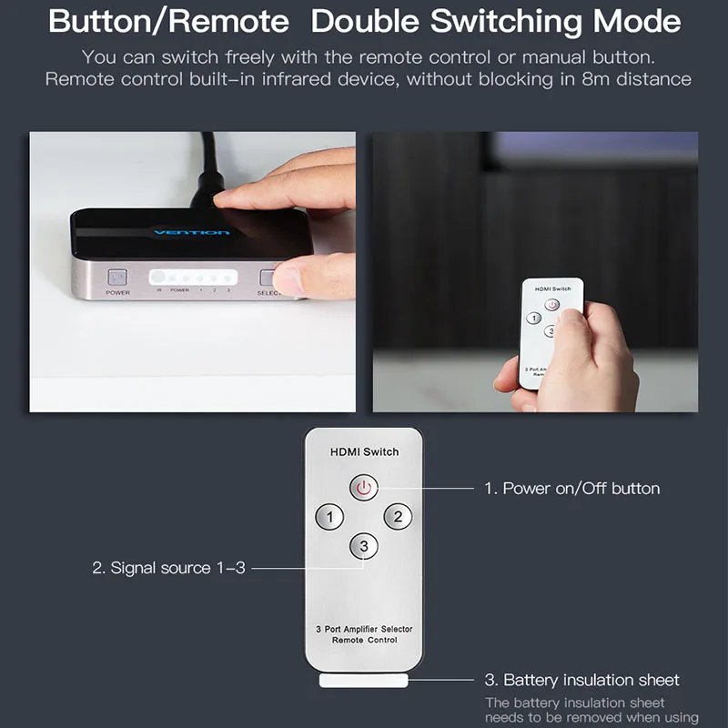 Conmutador HDMI 3 Puertos 4K Vention – Audio Toslink Óptico - imagen 5