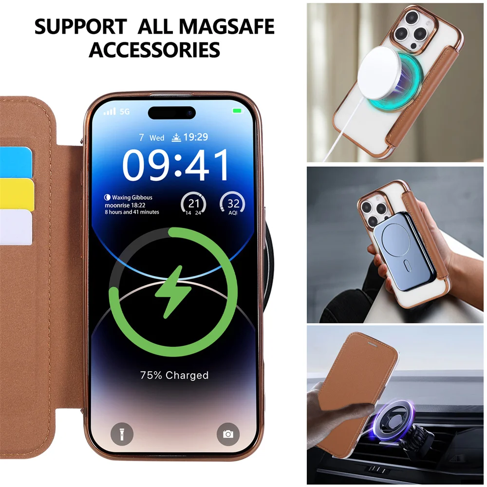 Funda de cuero con tapa y soporte plegable giratorio para iPhone 15, 16, 17 Pro Max, 16E, 14, 13, 12, funda transparente Magsafe - imagen 3