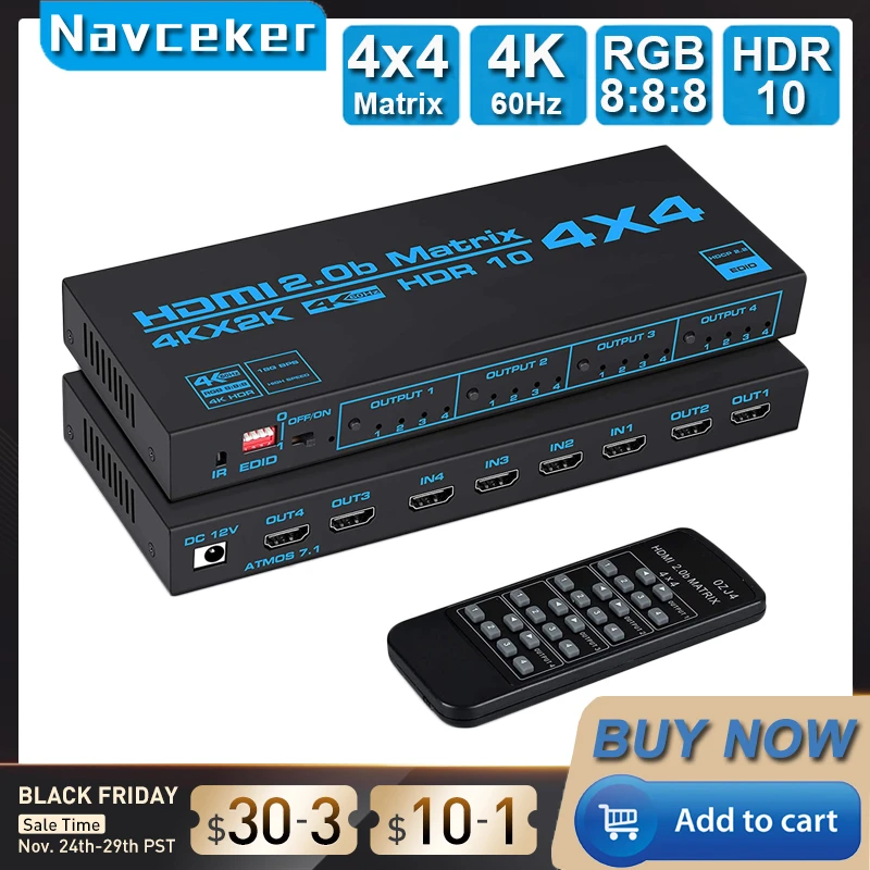 Conmutador Matrix HDMI 4x4 – SPDIF y Audio 3,5mm 4K 60Hz HDR
