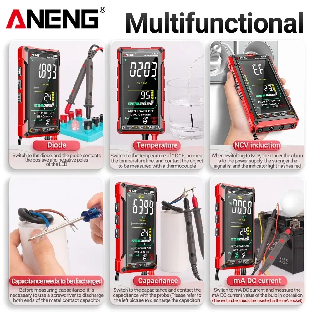 ANENG 622B multímetro Digital inteligente 10A medidor de prueba rango automático valores eficaces verdaderos DC/AC 9999 multímetro con lámpara láser capacitancia Ohm - imagen 5
