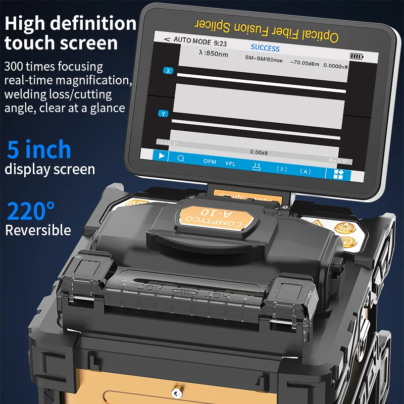 Empalmador Fuison de fibra totalmente automático, 6 motores, A-10, pantalla táctil multilingüe, núcleo de fibra óptica, máquina de fusión en caliente, VFL OPM integrada - imagen 3