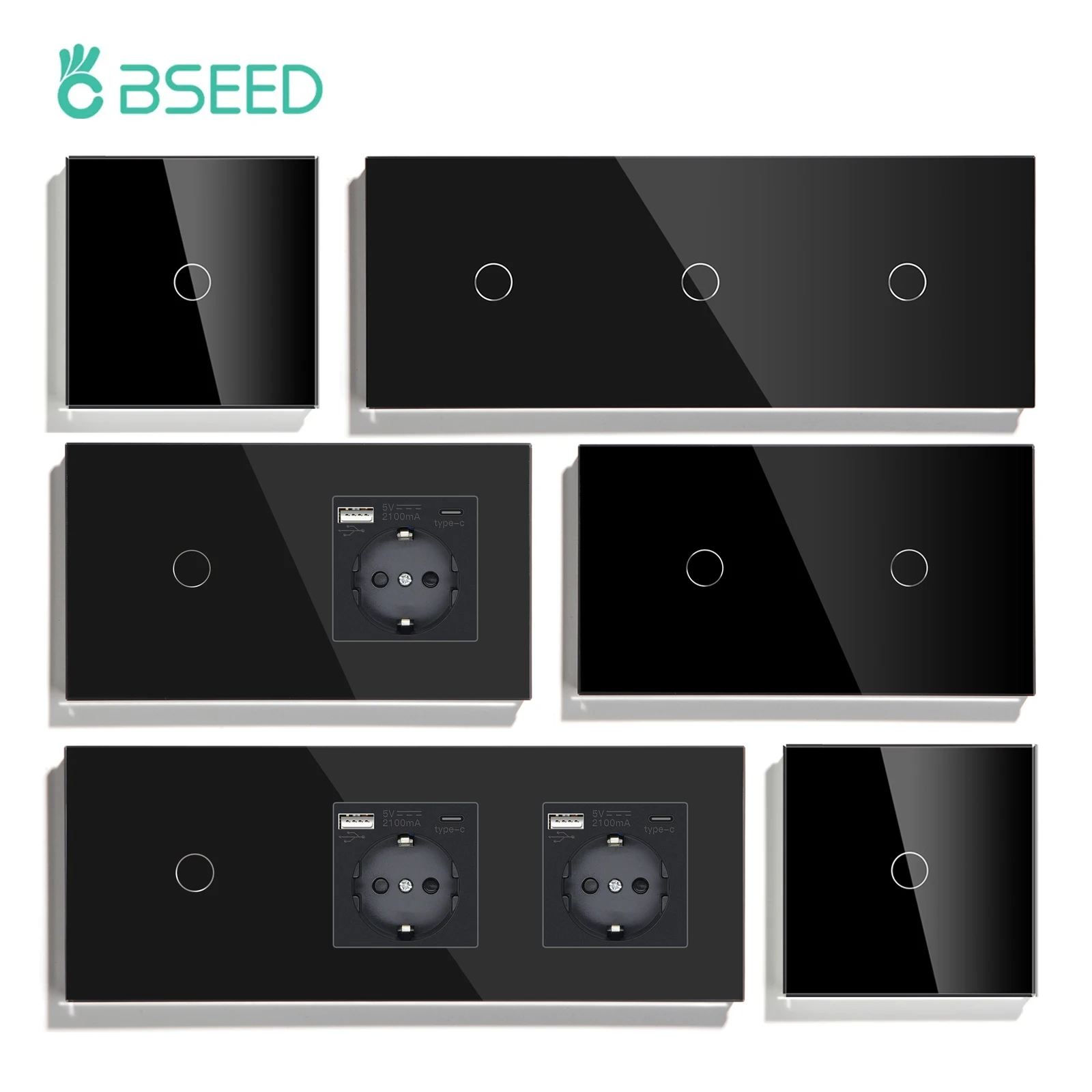 BSEED 1/2/3Gang Interruptor táctil de pared interruptores de luz doble 1Way Plus enchufes USB tipo c Panel de vidrio estándar de la UE retroiluminación azul 10A