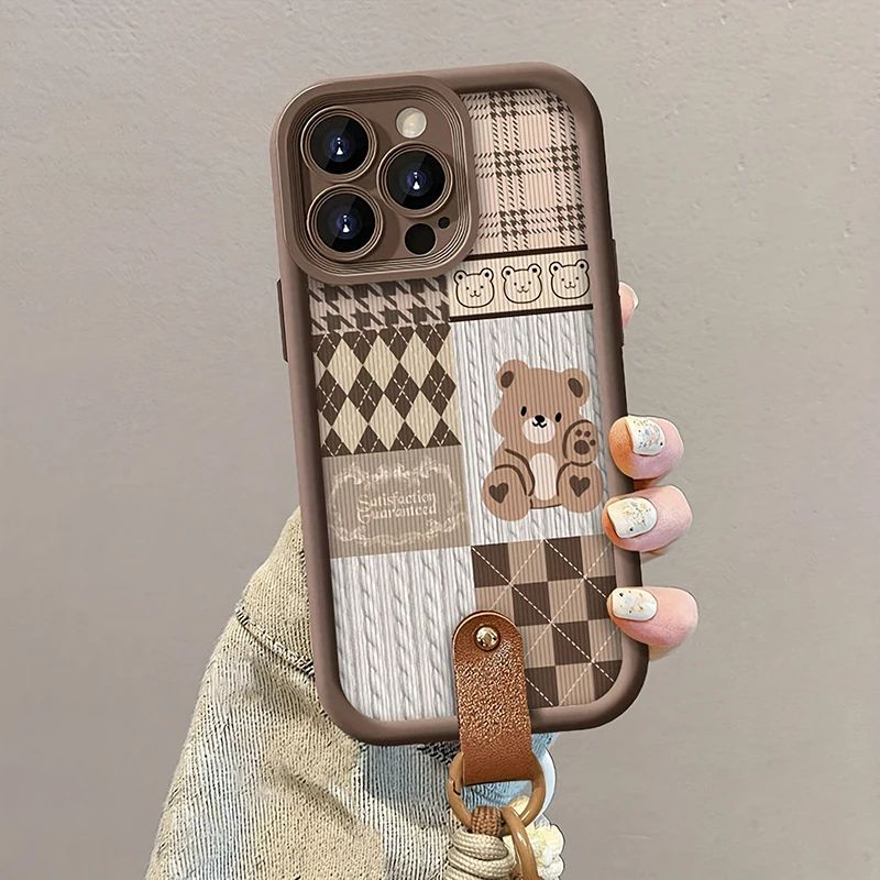 Funda de teléfono con correa colgante de oso con patrón de rejilla para iPhone 17 16 15 14 Pro Max 13 12 11 Pro 16E XS X XR 7 Plus SE, funda suave a prueba de golpes - imagen 2