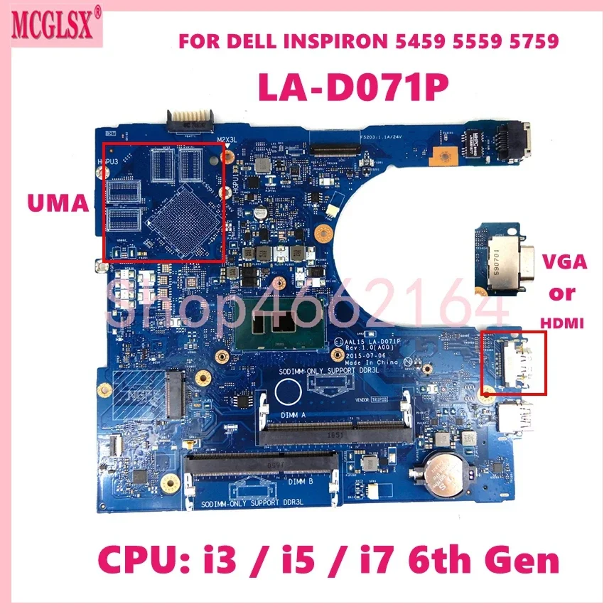 LA-D071P con i3/i5/i7-6th Gen CPU placa base para portátil Dell Inspiron 5559 5759 5459 3559 placa base para ordenador portátil 100% probado OK